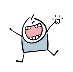 Little boy with his mouth open jumps with happiness and shows  teeth. Cute baby tooth fell out. Cartoon funny child  waiting for a gift from the fairy. Isolated doodle character on white background.