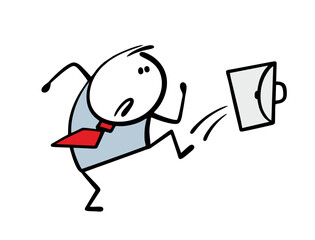 Cartoon angry businessman kicks  briefcase with documents. Vector illustration Doodle character tired and dissatisfied . Isolated hand drawn man on white background. Aggressive office employee.