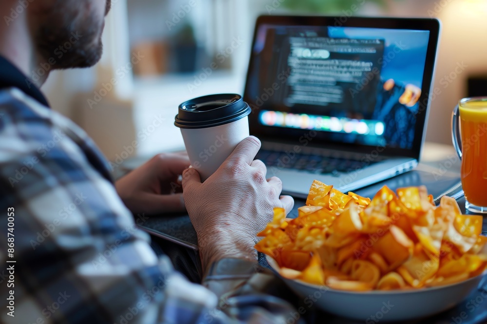 Poster man typing on laptop with coffee and snacks in high quality image for optimal search visibility