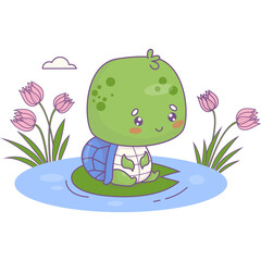 Cuteness turtle sitting on leaf on lake