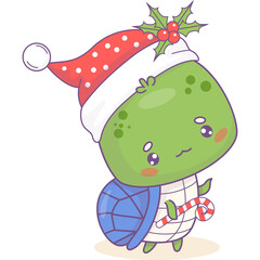 Cute Christmas turtle animal in Santa hat with striped caramel  