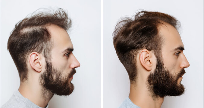 Collage of two photos of a man with a beard hair loss problem before and after treatment, anti-hair loss procedures, hair transplant, on a white background, collage. Visit to a trichologist.	