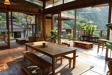 Fototapeta premium Modern Wooden House with Large Windows and Balcony Overlooking Green Nature