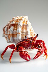 Red crab with seashell on white background