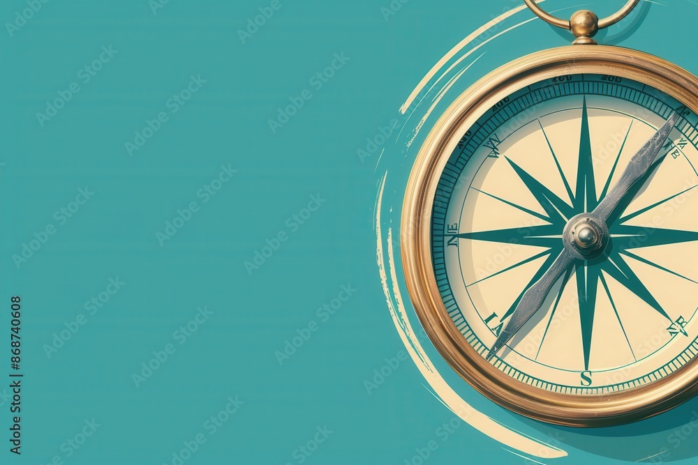 Poster a classic compass with a clear, well-defined face. the compass is set against a simple teal backgrou