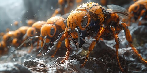 AI-driven insect robots forming a hive, a blend of natural and mechanical elements.