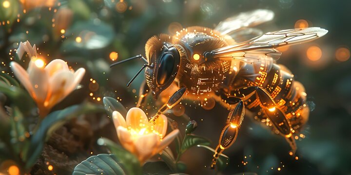 AI bee robots pollinate mechanical flowers in a fusion of technology and nature