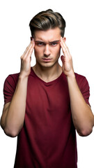 Fototapeta premium Young Man Holding Head In Stressful Pose While Wearing Red T-Shirt