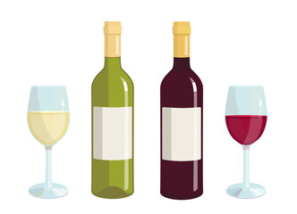 Vector set of red and white wine, illustration of glass and bottle with red wine, alcoholic white drink in flat style for poster, bar menu print design