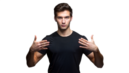 Young Man Wearing Black T-Shirt Gesturing With Open Palms