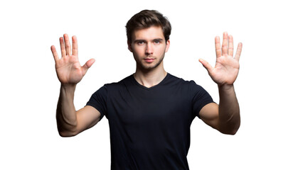 Fototapeta premium Man Holding Hands Up in Front of Him