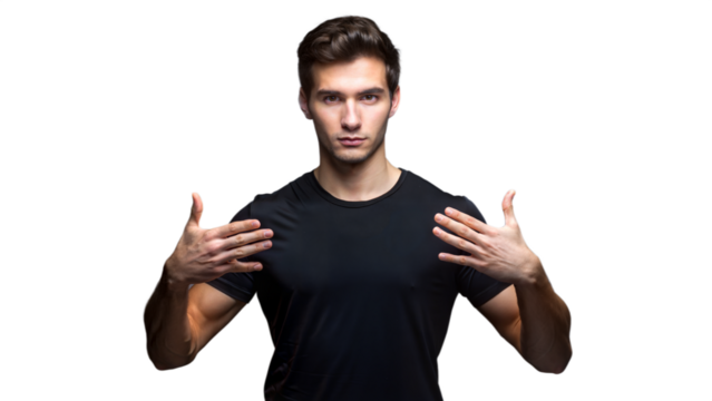 Young Man Wearing Black T-Shirt Gesturing With Open Palms