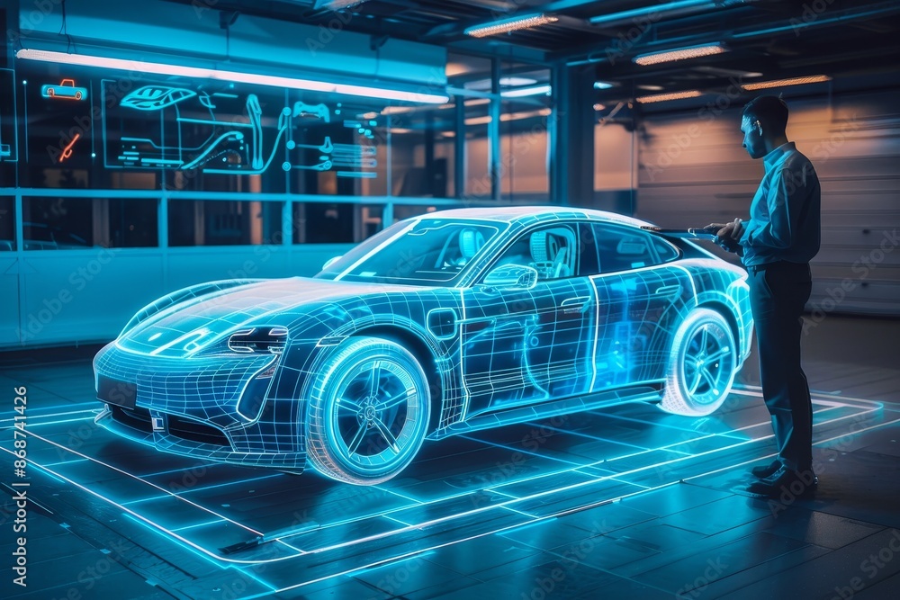 Poster engineer develops smart electric car with ai on holographic interface and advanced ev technology