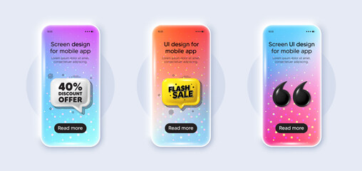 Phone 3d mockup gradient screen. 40 percent discount tag. Sale offer price sign. Special offer symbol. Discount phone mockup message. Flash sale chat speech bubble. Yellow text box app. Vector