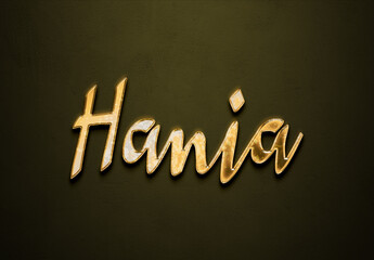 Old gold text effect of Arabic name Hania with 3D glossy style Mockup.