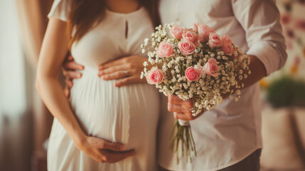 a happy pregnant wife with husband holding  flowers , at home 