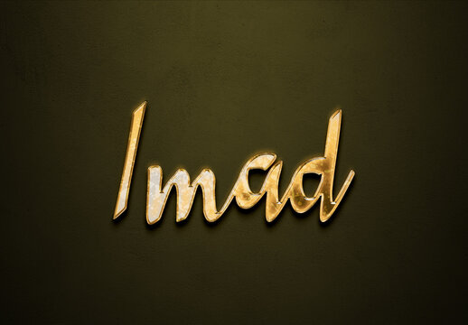 Old gold text effect of Arabic name Imad with 3D glossy style Mockup.