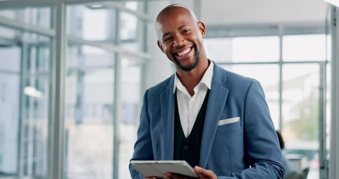 Face, African businessman and happy with tablet in office as gen z intern in finance agency for about us. Male person, smile and tech for job opportunity in career, asset management firm and company