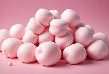 Soft pink marshmallows or cotton candy balls, close-up view of the fluffy, round confections against a pink background