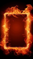 Wooden frame engulfed by intense flames on fiery background, dramatic fire scene