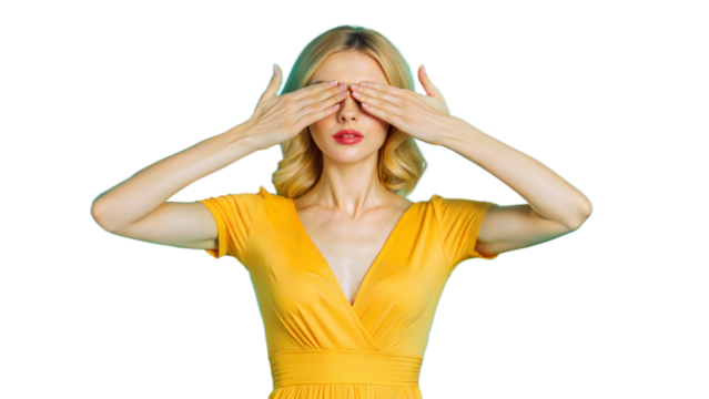 Young Woman In Yellow Dress Covering Eyes With Hands