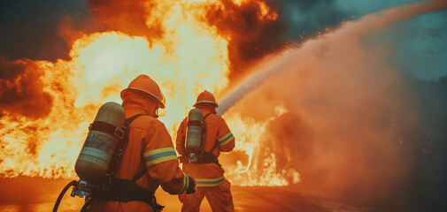 Naklejka premium Firefighter training, fireman using water and extinguisher to fighting with fire flame in an emergency situation., under danger situation all firemen wearing fire fighter suit for safety