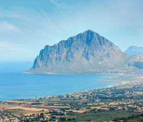 Panoramic view to Tyrrhenian coastline with Cofano mount from Erice, Trapani region, Sicily, Italy