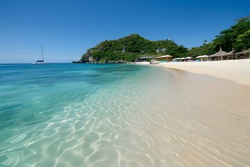 The beach is clean and beautiful with green trees and blue water.