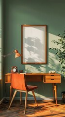 Retro, vintage interior home office, 70s-80s interior design with a wall mockup poster