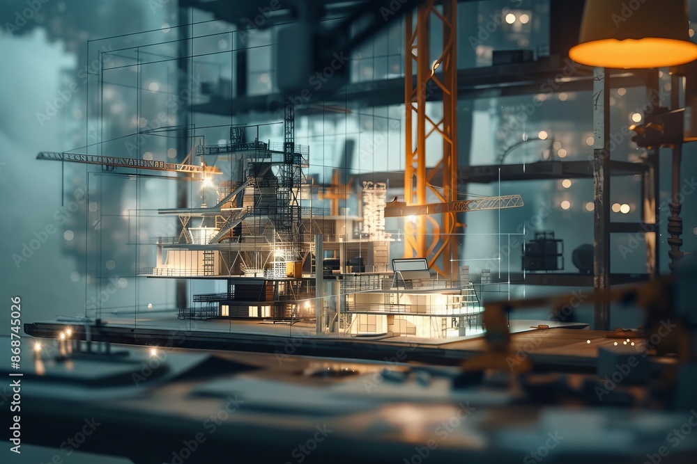 Poster architectural design desk with mining light at construction site integrating ai technology