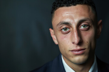 Fototapeta premium Close-up portrait of a young man of Middle Eastern descent, studio photo, against a sleek gray studio backdrop