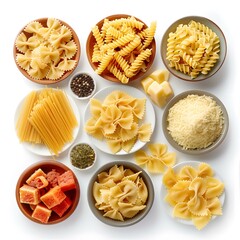 Various types of pasta on white background