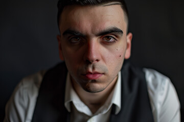 Obraz premium Close-up portrait of a young man of Middle Eastern descent, studio photo, against a sleek gray studio backdrop