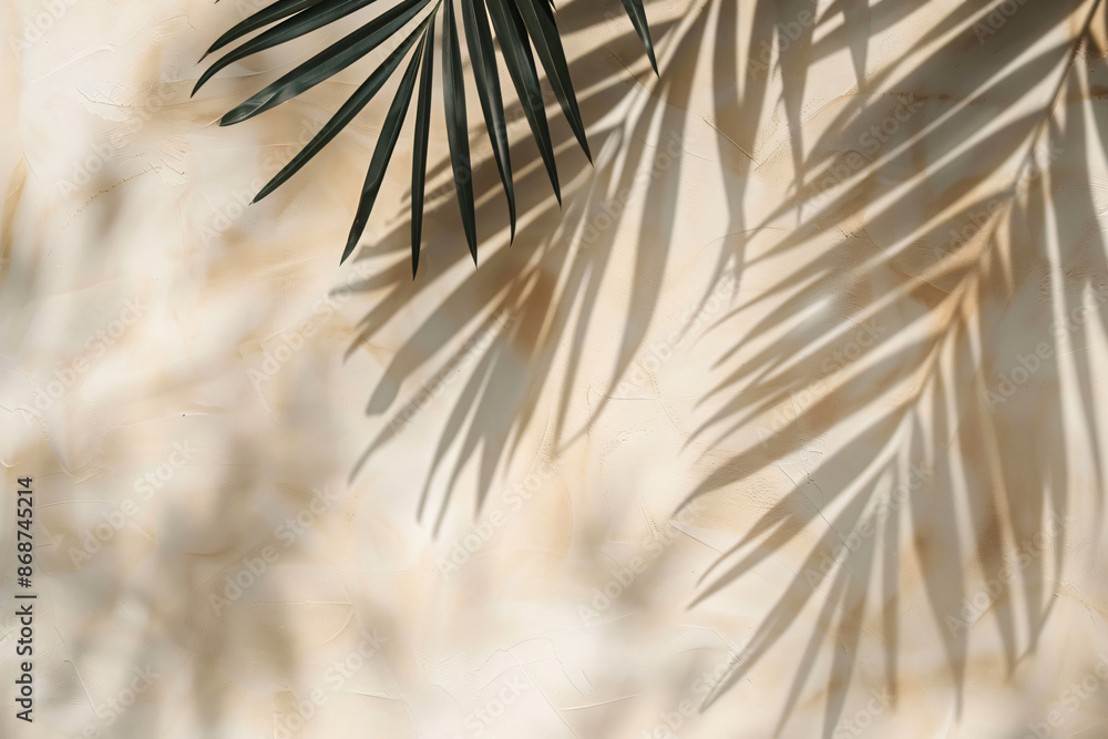 Poster 
Abstract background with a palm leaf shadow on a beige paper texture, summer template for product presentation. Flat lay. Concept for copy space. 