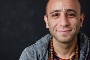 Obraz premium Close-up portrait of a young man of Middle Eastern descent, studio photo, against a sleek gray studio backdrop