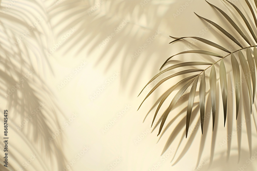 Aufkleber abstract background with a palm leaf shadow on a beige paper texture, summer template for product pr