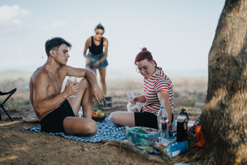 Fototapeta premium Friends having a picnic outdoors by the mountain, relaxing, chatting, and enjoying nature. Perfect representation of leisure and adventure.