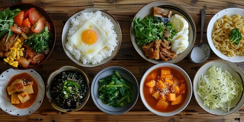 A delicious Korean meal with rice, soup, and side dishes