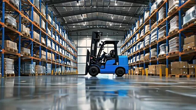 Blue forklift parked in a spacious industrial warehouse with pallets. Warehouse efficiency concept