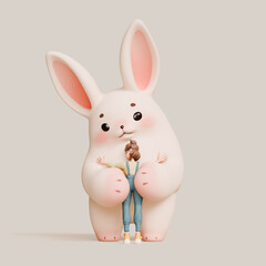 Cartoon cute kind funny kawaii smiling white fluffy Easter bunny with pink ears, cheeks stands hugging a girl with soft paws. Teenager hugs large plush toy with both hands. 3d render in pastel colors.