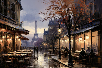 Parisian street scene with Eiffel Tower at sunset