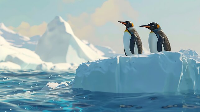 Penguins standing on top of an iceberg under coud very detailed and realistic shape