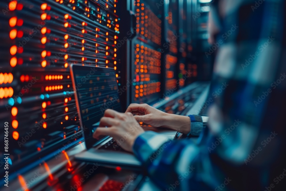 Aufkleber computer engineer in server room with big data storage background, digital it support concept