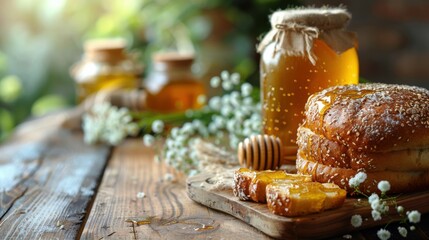 fresh bread drizzled with honey on a wooden table