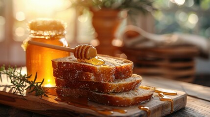 fresh bread drizzled with honey on a wooden table