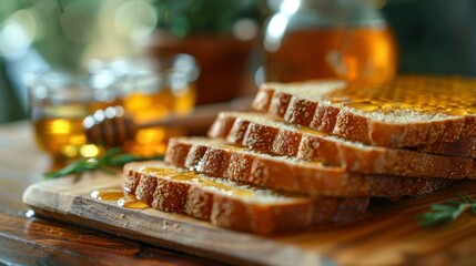 fresh bread drizzled with honey on a wooden table