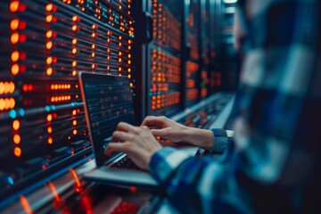 Computer engineer in server room with big data storage background, digital it support concept