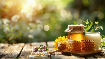 fresh honey and milk on a wooden table on a sunny summer day