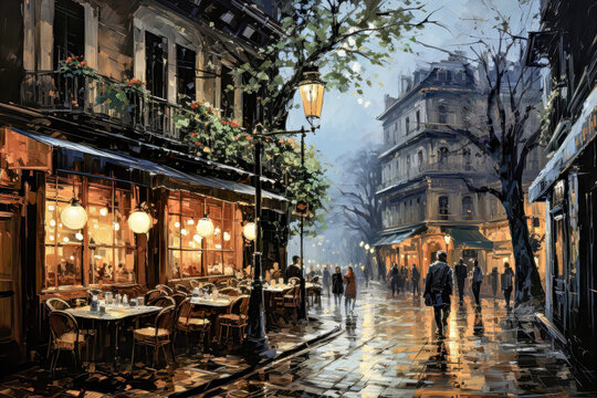 Romantic Parisian street at night with cozy cafes