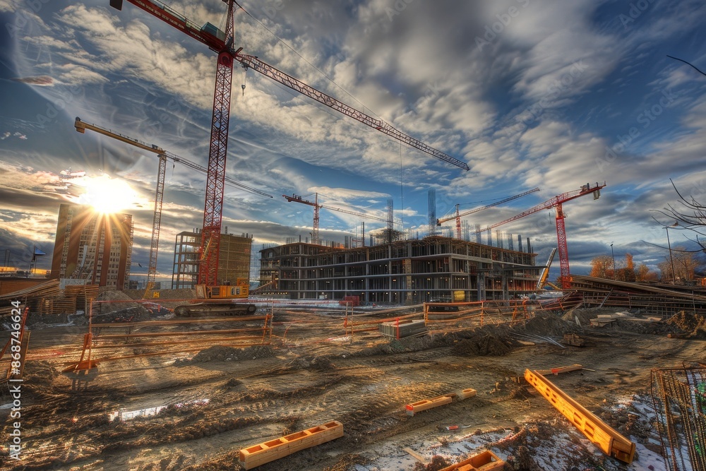 Poster dynamic construction site with cranes in high quality image showcasing high dynamic range